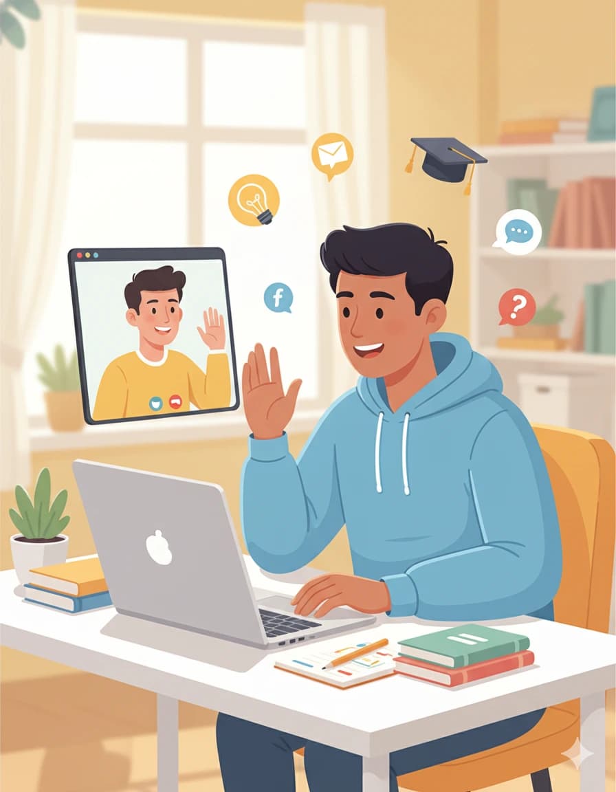 Illustrated online tutor helping a student